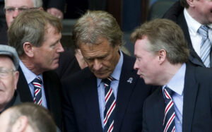 15/05/11 CLYDESDALE BANK PREMIER LEAGUE.KILMARNOCK v RANGERS.RUGBY PARK - KILMARNOCK.New Rangers owner Craig Whyte chats with Chairman Alastair Johnston (centre) and Director Dave King (left)   (Photo by Alan HarveySNS Group via Getty Images)