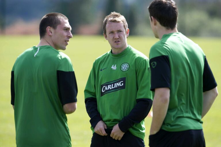 03/05/10.CELTIC TRAINING.LENNOXTOWN.Celtic ace Aiden McGeady (centre) looks ahead to facing Rangers   (Photo by Jeff HolmesSNS Group via Getty Images)