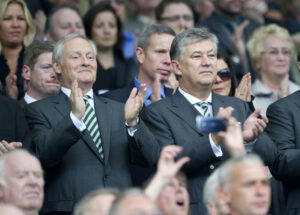 04/08/12 CLYDESDALE BANK PREMIER LEAGUE.CELTIC V ABERDEEN.CELTIC PARK - GLASGOW.Celtic Chairman Iain Bankier (left) watches on from the stand alongside Chief Executive Peter Lawwell