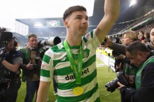 19/05/19 LADBROKES PREMIERSHIP.CELTIC v HEARTS .CELTIC PARK - GLASGOW .CelticÃ¢â‚¬â„¢s Kieran Tierney celebrates .