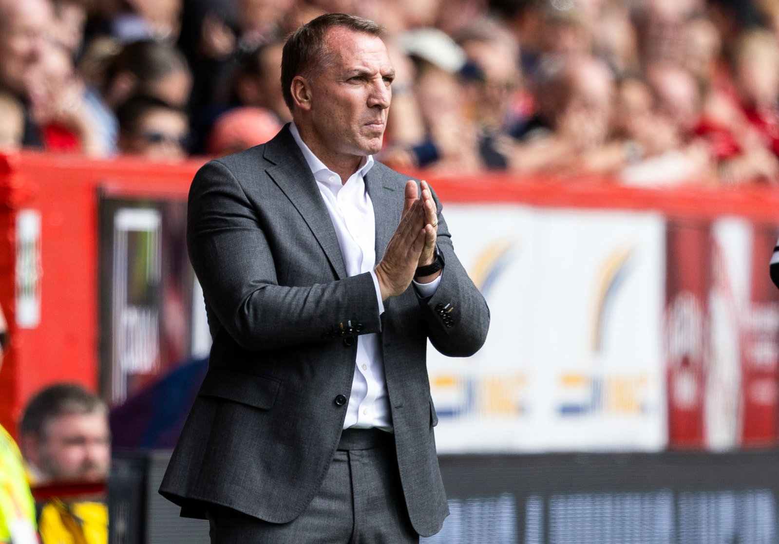 A tieless Brendan Rodgers at Pittodrie.