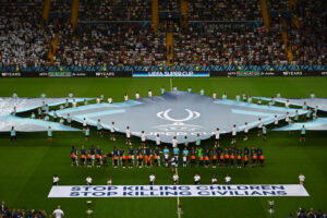 UEFA's banner urging an end to war crimes.