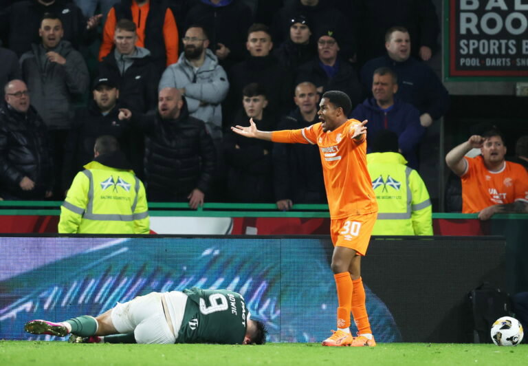Ibrox defender pleads innocence after poleaxing a Hibs player.
