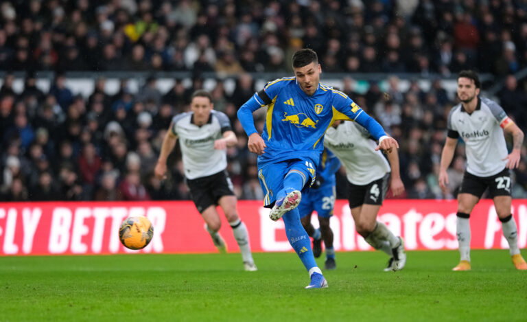 Joel Piroe of Leeds United seen taking a penalty during the