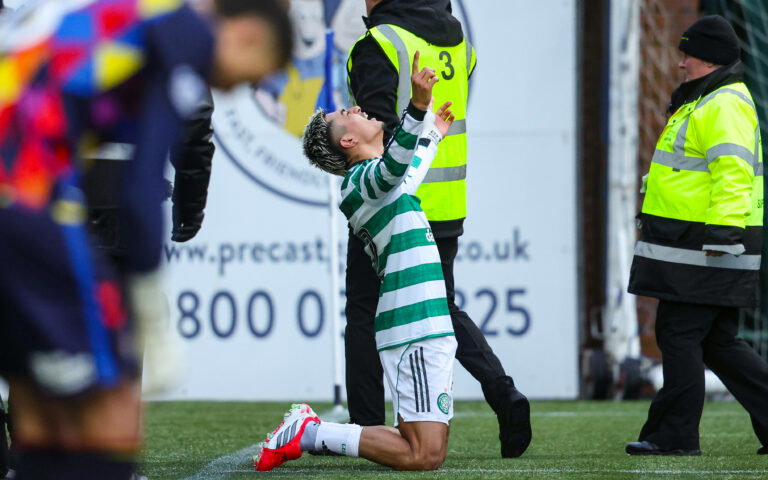 Araujo celebrates his late winner for Celtic