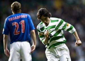 Nakamura celebrates the greatest Glasgow derby goal of all time. Period. Full stop.