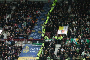 Celtic fans stuck in a corner at Tynecastle.