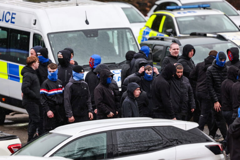 Ibrox fans outside Falkirk. With the Police standing doing sod all.