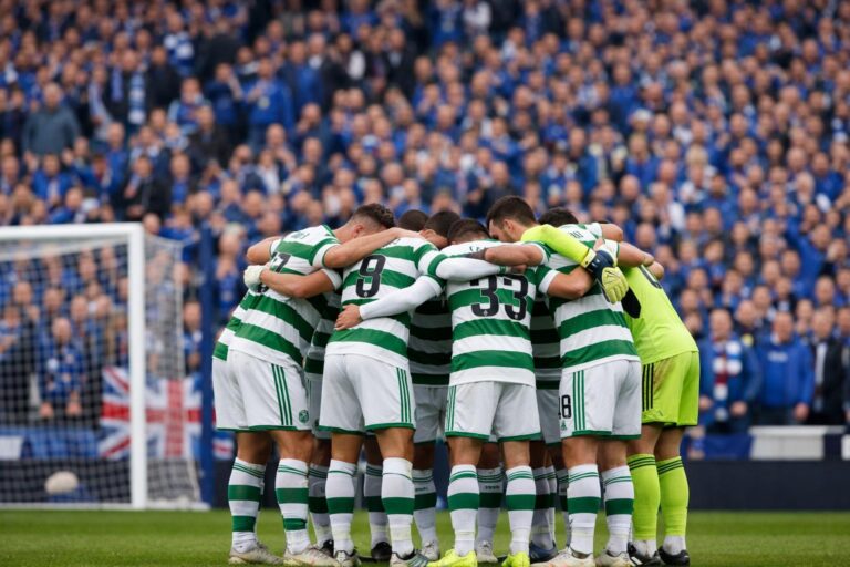 Can you give me an image of a Celtic-style huddle at an Ibrox adjacent stadium where there are only home supporters, all in b