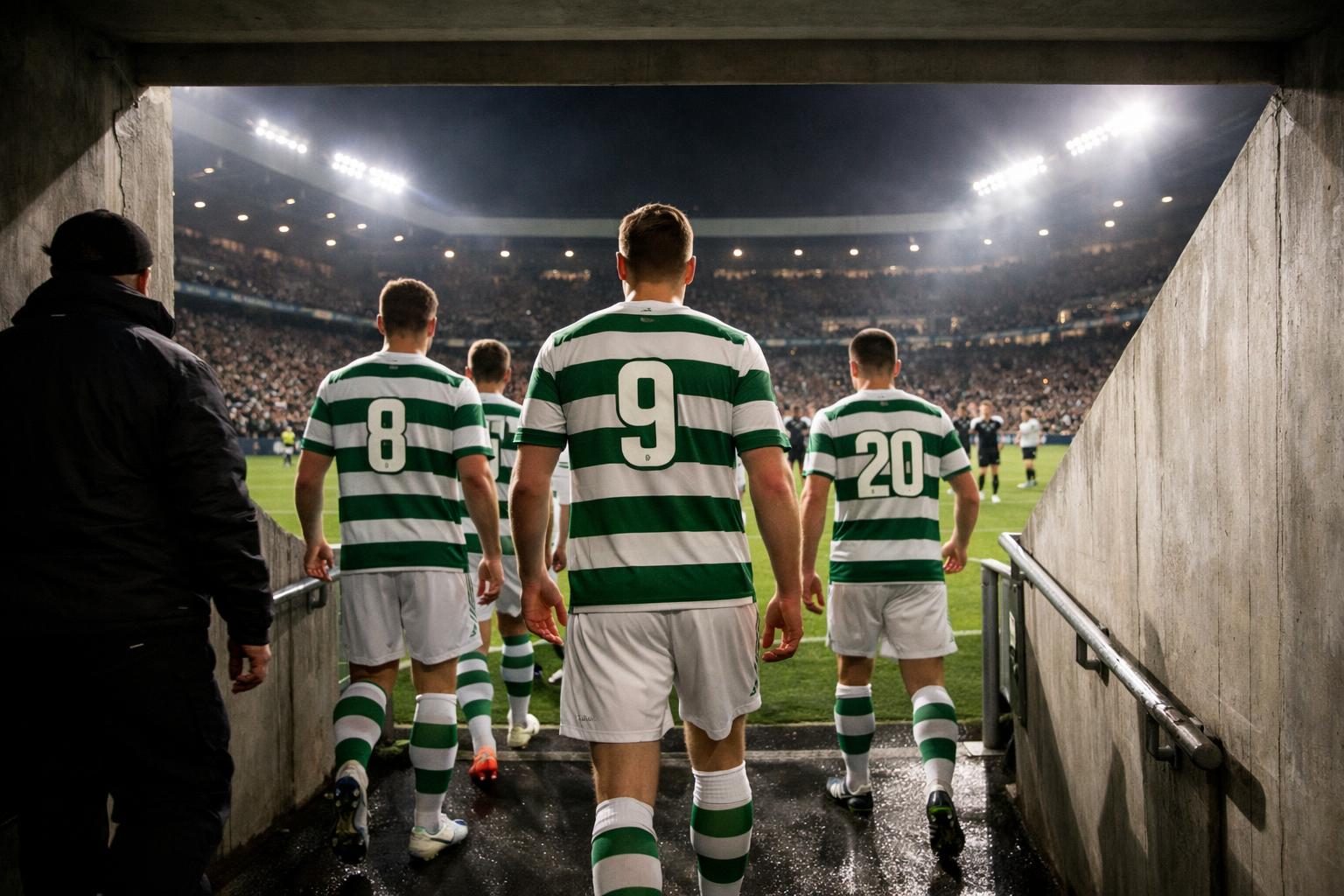 image of Celtic-like players walking out of the tunnel to a packed stadium under the floodlights