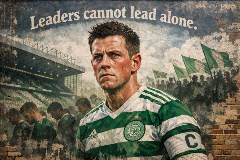 Can I have a wall mural type thing of Callum McGregor in Celtic-style clothing, with the inscription "Leaders cannot lead alo