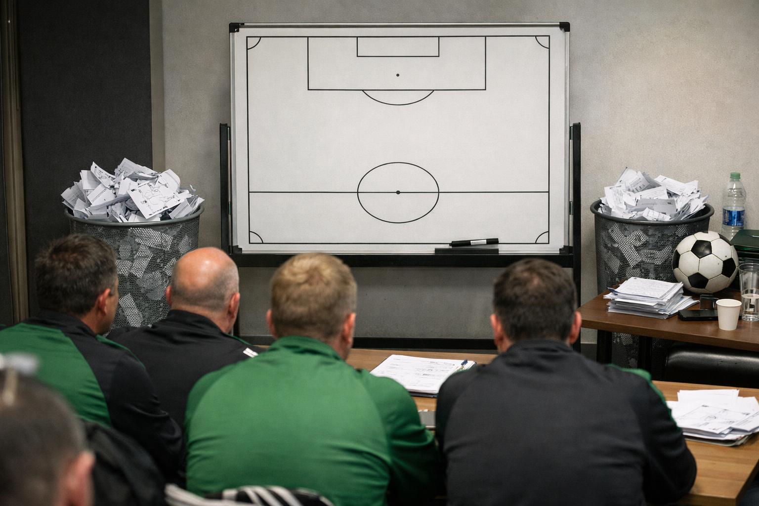 Me a Celtic team management meeting (no faces, we're behind them) where there are a pile of torn up plans in bins
