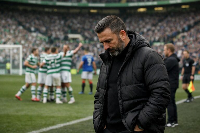 Can we have the touchline at a Celtic Park adjacent stadium, where two teams in Glasgow derby colours, are out on the pitch,