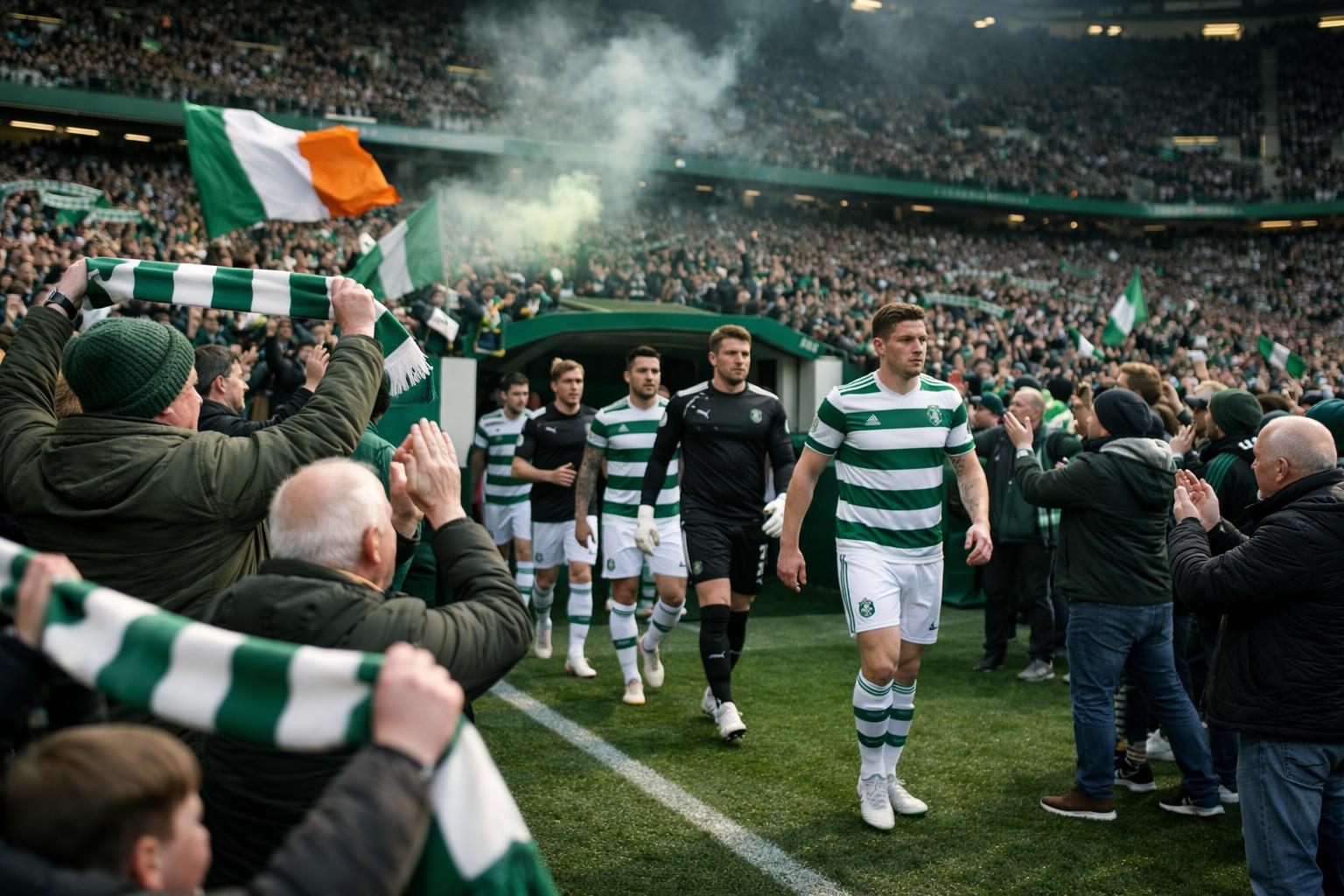 Celtic-like fans cheering their team onto the pitch