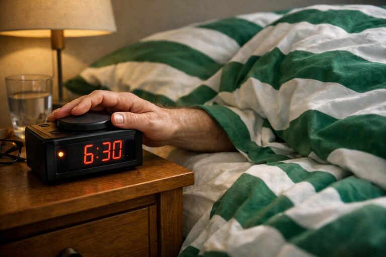 Can I have someone buried under Celtic-style bedcovers reaching out and hitting the snooze-button on their alarm clock?