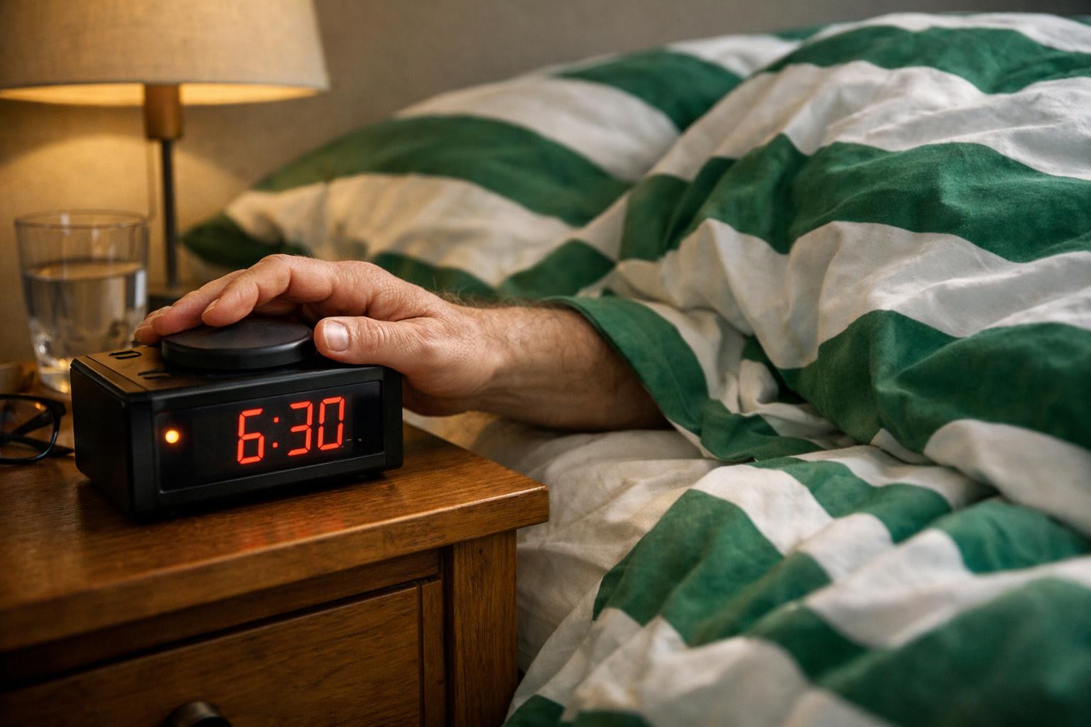 Can I have someone buried under Celtic-style bedcovers reaching out and hitting the snooze-button on their alarm clock?