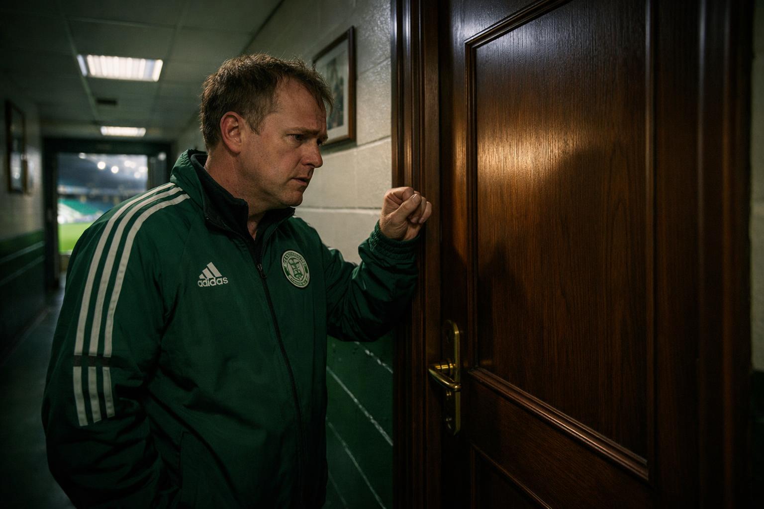 Can we have someone poised outside a door in a Celtic Park corridor, obviously scared because he has to knock on it and annoy