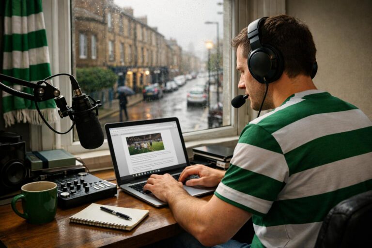 Give me something on fan media; someone sitting at a laptop or desktop writing a blog and recording a podcast