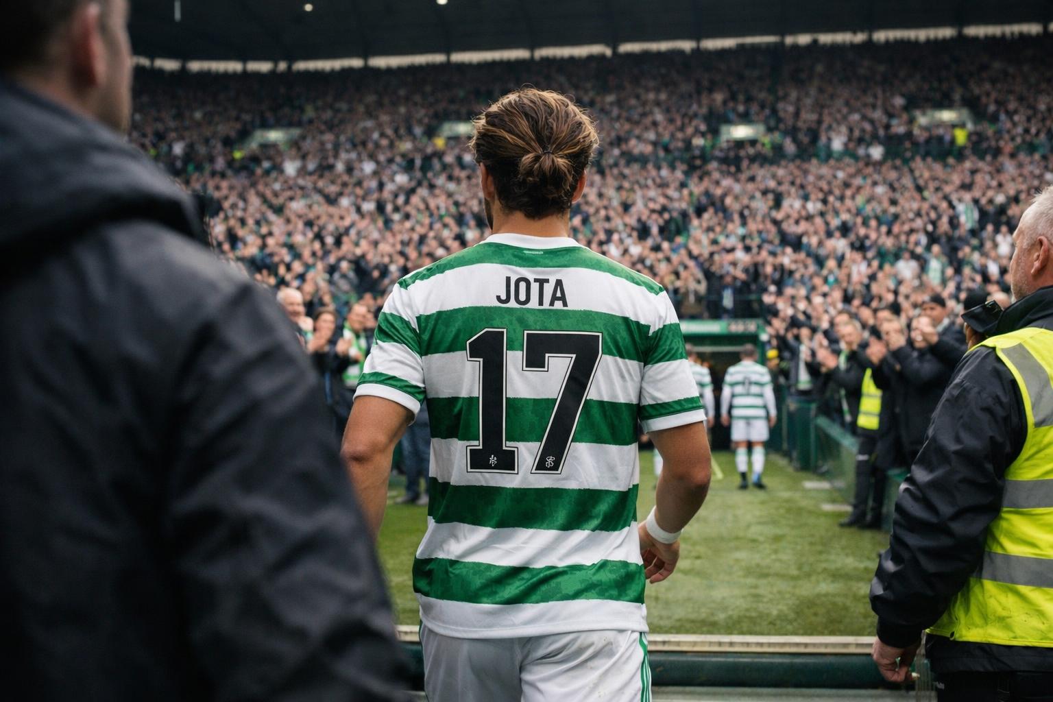 Image of Jota coming onto the Celtic pitch (POV behind him) highlighting his number, his hairdo and the Celtic fans rising to