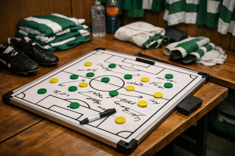 I need a picture of a tactics board lying on a table in a dressing room