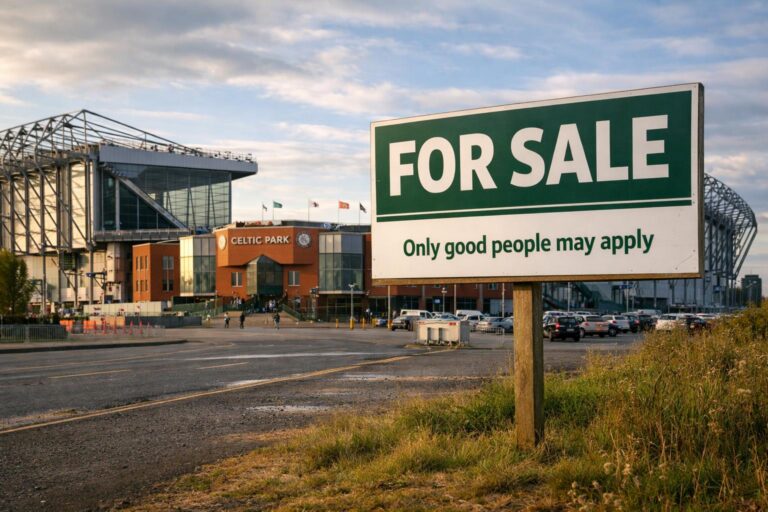 Celtic Park with a For Sale sign outside