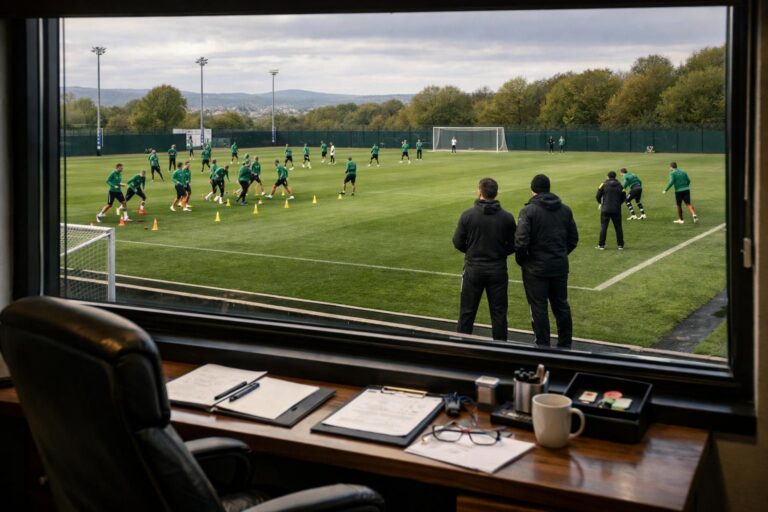 Can we have a Celtic adjacent training pitch viewed through an office window from an upper floor (the office is that of the m