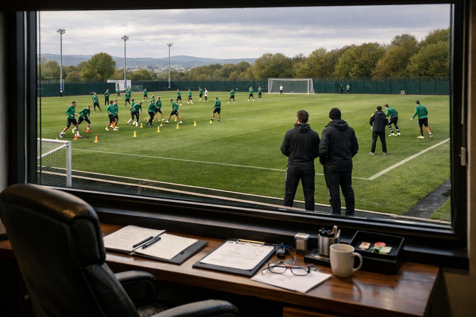 Can we have a Celtic adjacent training pitch viewed through an office window from an upper floor (the office is that of the m