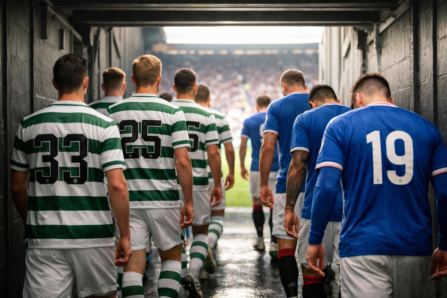 Can we have Celtic and Rangers (adjacent - no logos) walking down the tunnel towards the pitch, Celtic players with their hea