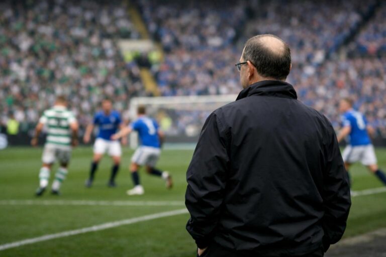View from behind of a martin o'neill look-alike standing on the touchline watching the game between us and the team from ibro