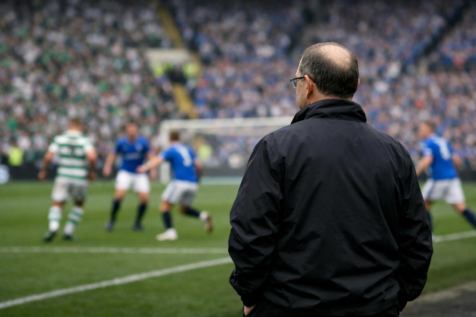 View from behind of a martin o'neill look-alike standing on the touchline watching the game between us and the team from ibro