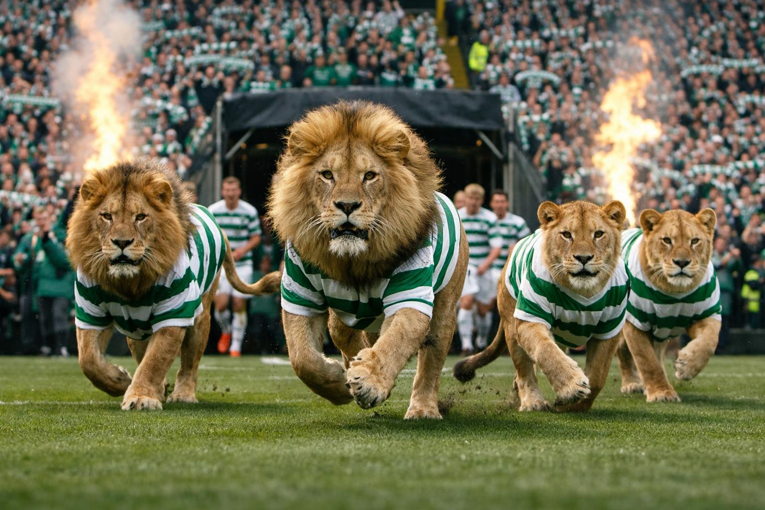 Pride of lions in celtic-like strips running out onto the field in front of packed stands