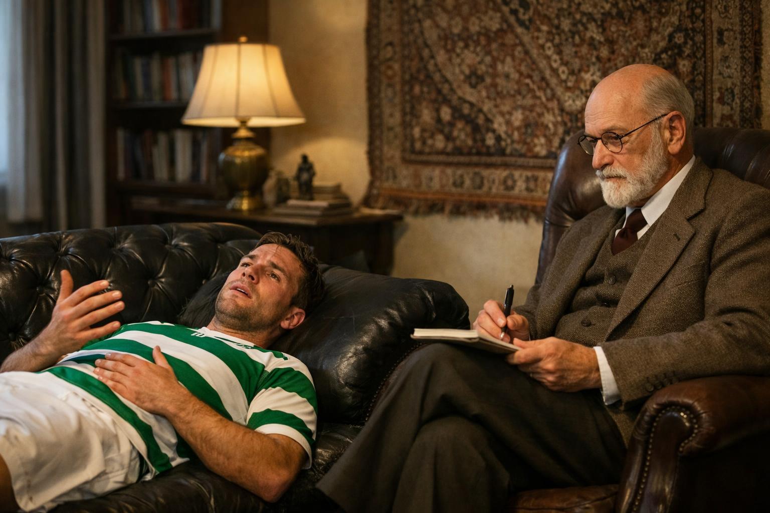 Can I have a Celtic player lying on a psychiatrists couch whilst a Dr Freud type guy sits in a chair and listens to him talk?