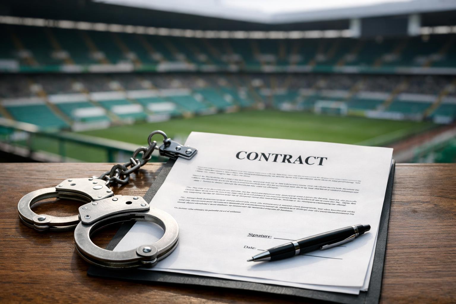 Give me a picture of a contract and a set of handcuffs/leg irons; connect it to Celtic but without any logos