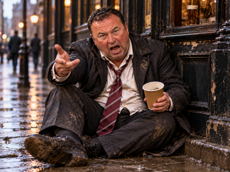 Rainy Pubside Beggar with Donation Cup